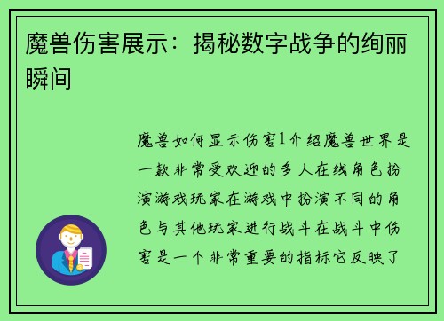 魔兽伤害展示：揭秘数字战争的绚丽瞬间