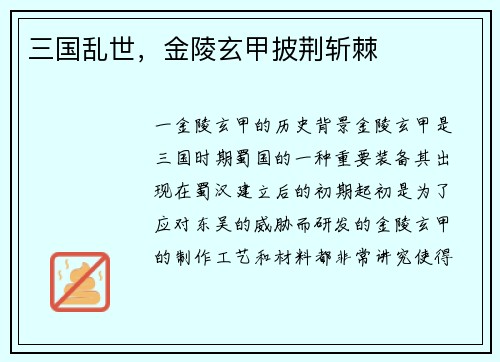三国乱世，金陵玄甲披荆斩棘