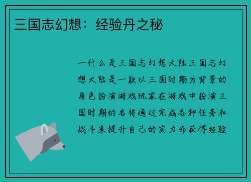 三国志幻想：经验丹之秘
